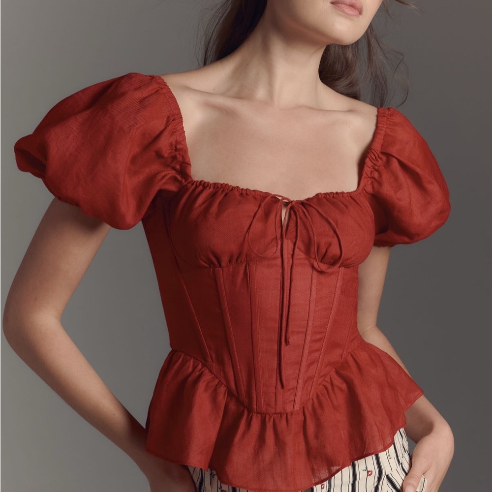 Anthropologie Red Puff Sleeve Blouse